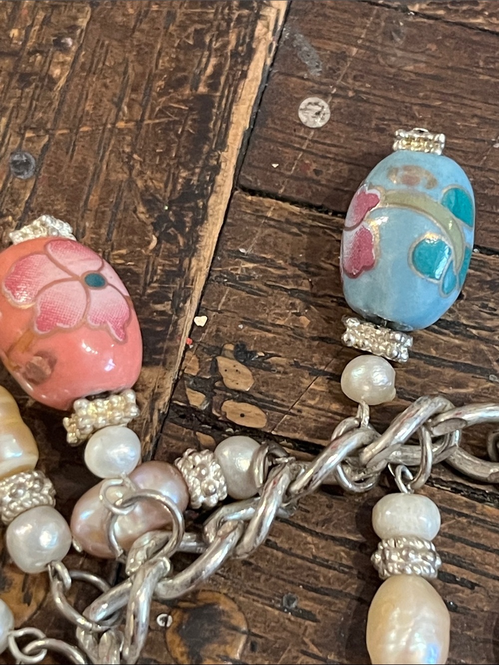 Artisan freshwater Pearl Charm Bracelet -cloisonné/enamel /milifori /charms - Picture 5 of 13